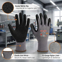 GOL-SIV 12 Pairs Sandy Nitrile Coated Work Gloves, Level 4 Abrasion Resistant, 15-Gauge Breathable Mechanic Gloves for Superior Grip, Warehouse & Construction (XL)