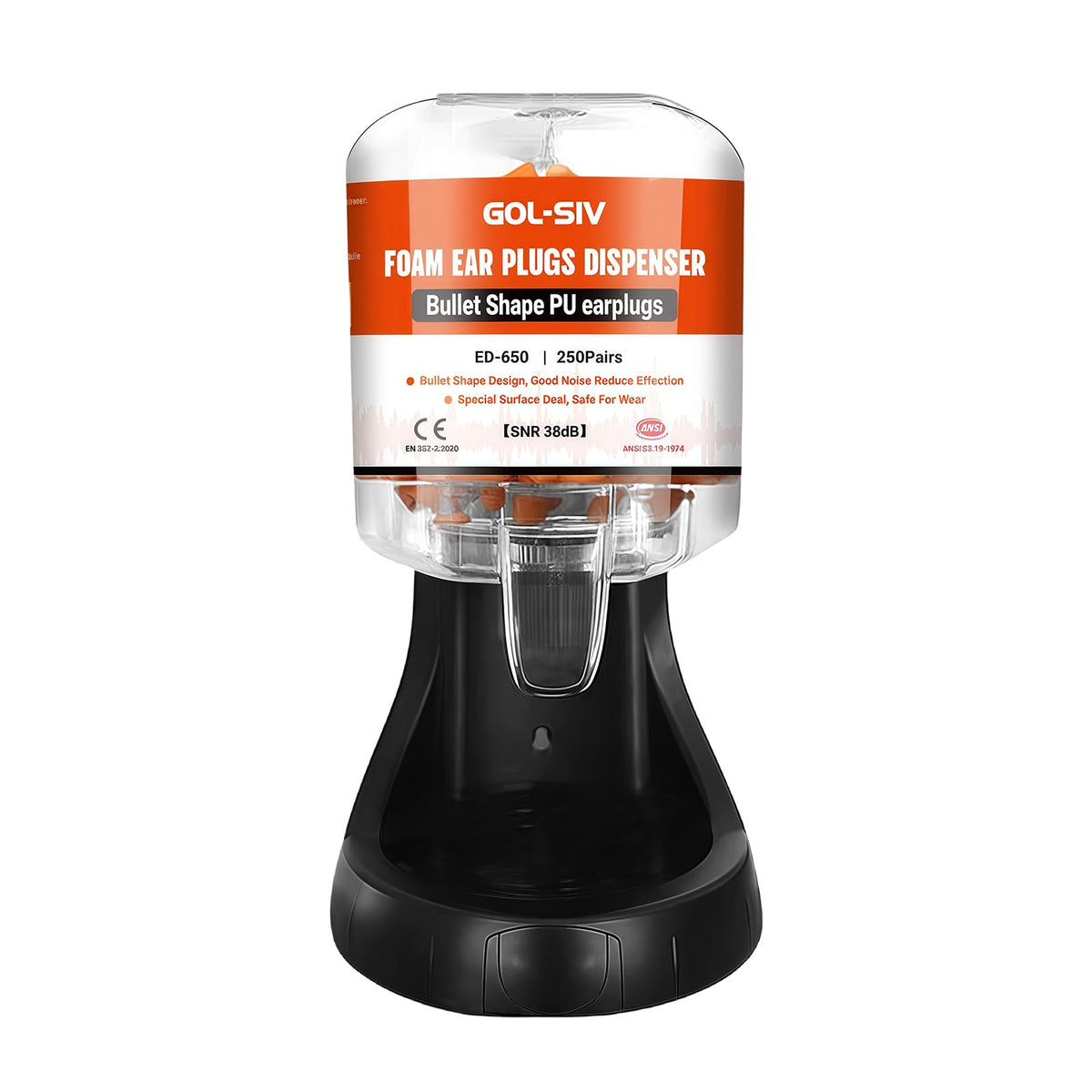 GOL-SIV Earplug Dispenser, 500 Pcs, NRR 33dB, Wall Mount, Orange