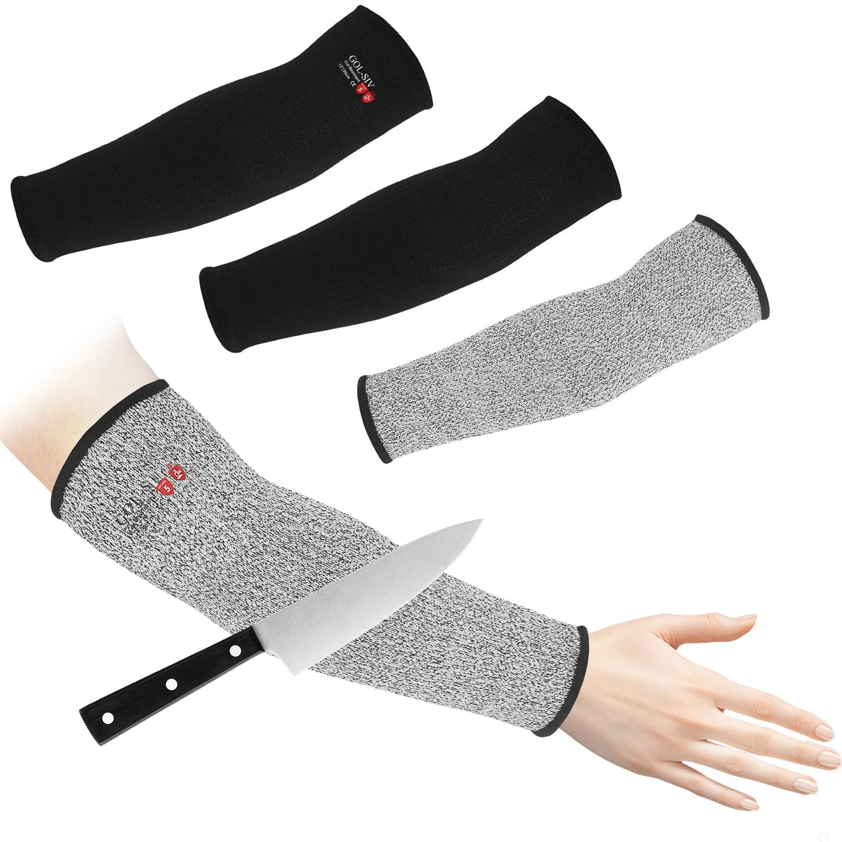 GOL-SIV Arm Protectors For Thin Skin And Bruising, Cut Resistant Sleeves For Men Women, A5 Level Farmer Sleeve For Gardening (Black & Grey, 2pairs, 11.8 In)