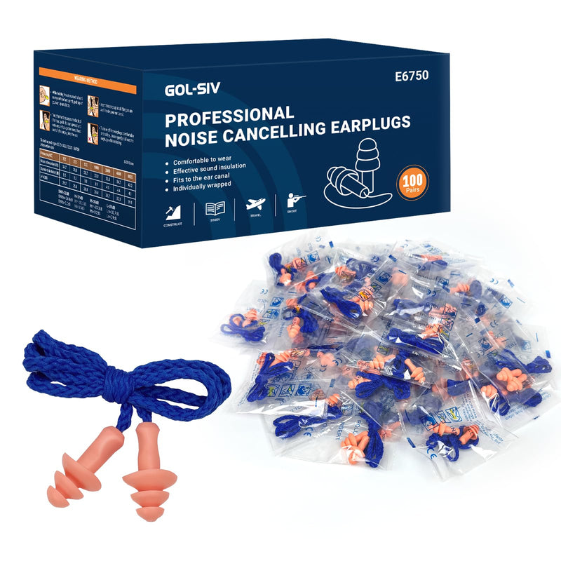 GOL-SIV Silicone Corded Ear Plugs, 100 Pairs, SNR 32dB, Orange