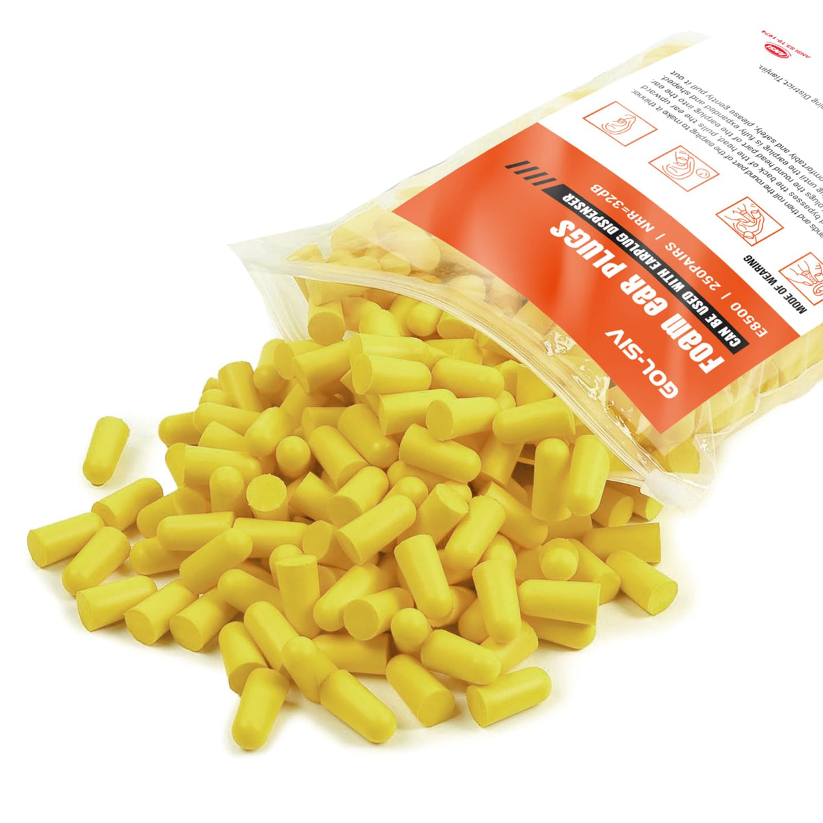GOL-SIV Bulk Foam Ear Plugs, 250 Pairs, NRR 32dB, Yellow