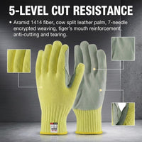 GOL-SIV 2 Pairs Heavy Duty Work Gloves Men Large, 7-Gauge Aramid Knit with Cowhide Leather Palm, Cut Resistant Gloves for Metal Fabrication, Masonry, Construction & Woodworking