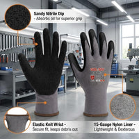 GOL-SIV Sandy Nitrile Work Gloves 12 Pairs, EN388 Level 4 Abrasion, Anti-Slip Grip for Oily Parts, Breathable Seamless Knit Gloves for Mechanic, Warehouse & DIY (L)