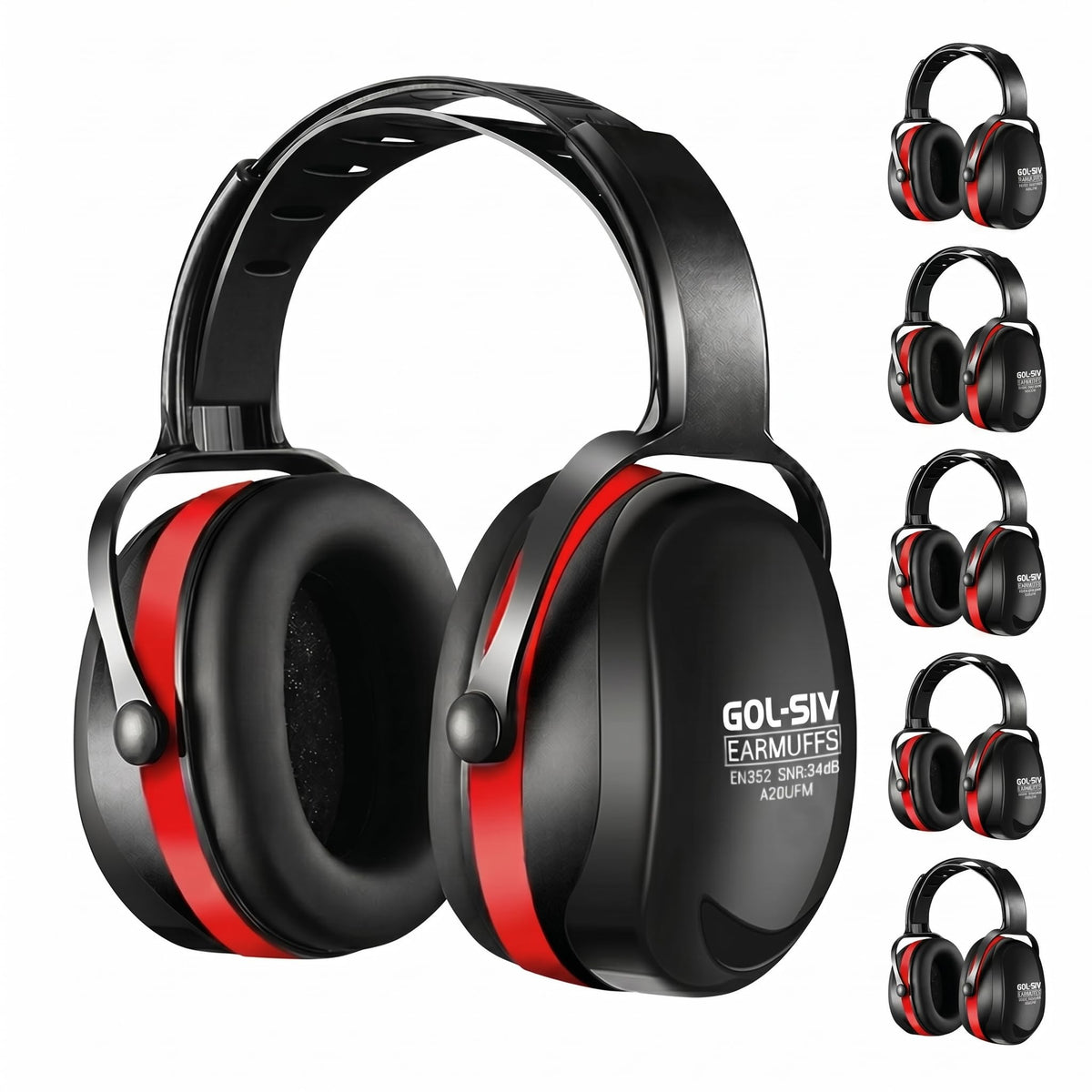 GOL-SIV SNR 34dB Noise Reduction Safety Earmuffs 6 Pack Bulk, Heavy Duty Ear Protection for Industrial Workers, Manufacturing & Shooting, Black & Red