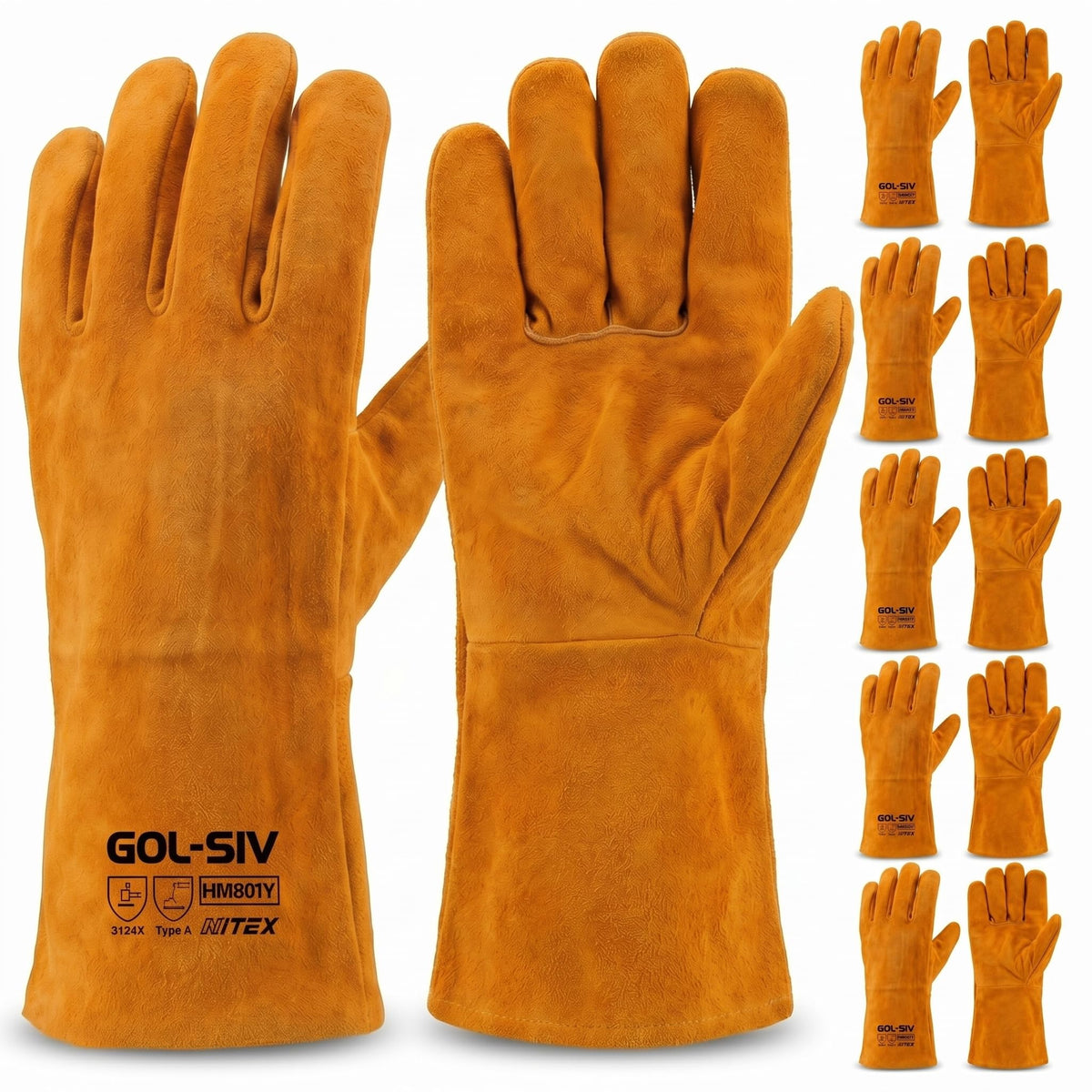 GOL-SIV 5 Pairs Industrial Welding Gloves Bulk, Premium Top Grain Cowhide Leather, Kevlar Stitched Heat Resistant Work Gloves for Professional MIG Welders