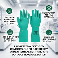 GOL-SIV Industrial Nitrile Chemical Gloves, Heavy Duty Solvent Resistant Green PPE Gauntlet, Cotton Lined with Non-Slip Grip for Chemical Handling, Painting & Furniture Refinishing, M, 3 Pairs
