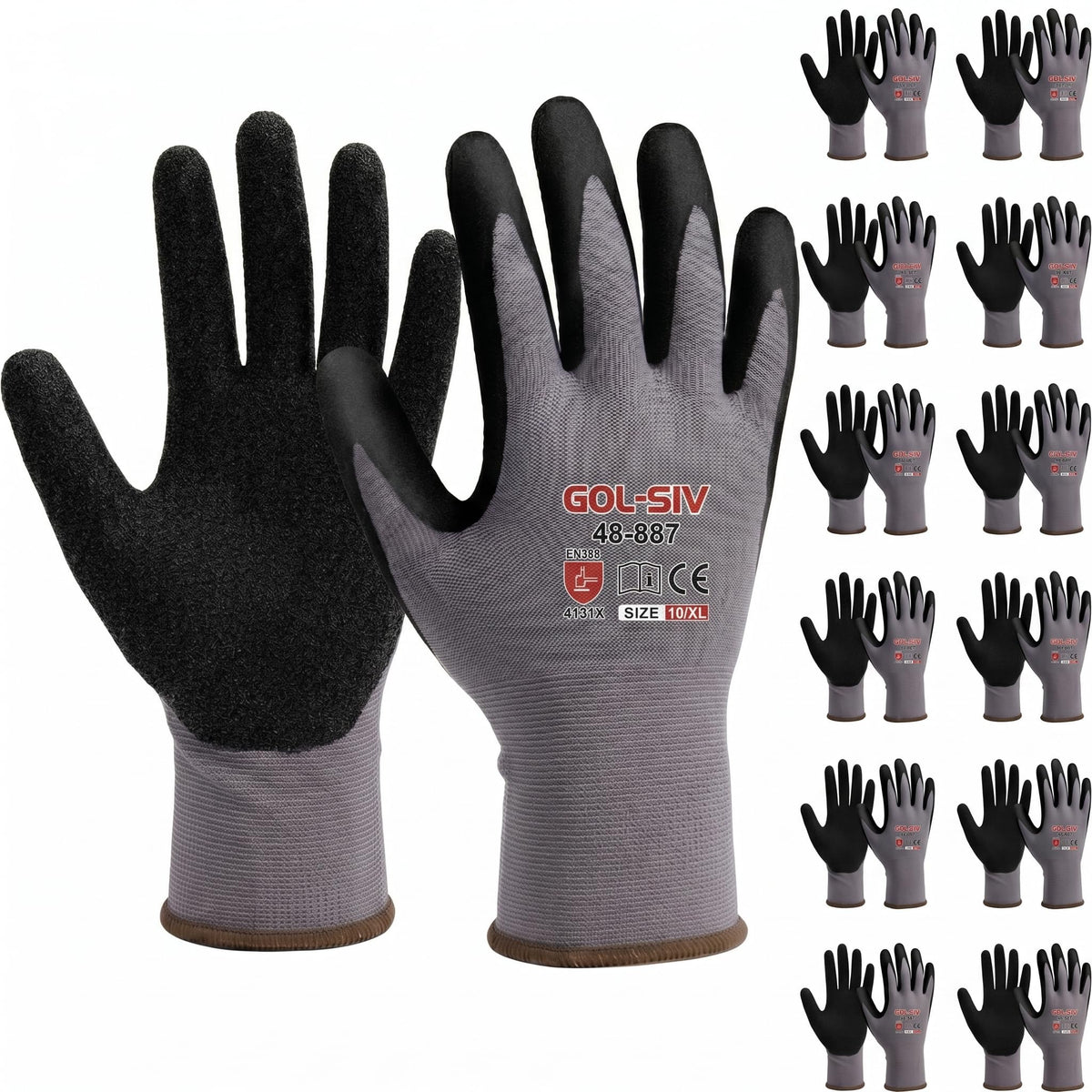 GOL-SIV 12 Pairs Sandy Nitrile Coated Work Gloves, Level 4 Abrasion Resistant, 15-Gauge Breathable Mechanic Gloves for Superior Grip, Warehouse & Construction (XL)