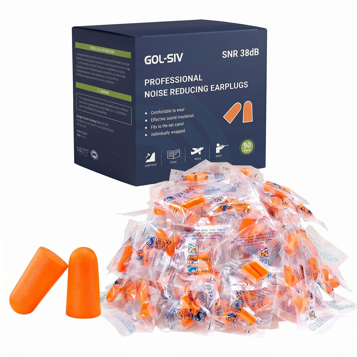 GOL-SIV Disposable Earplugs (50 Pairs), Premium NRR 33dB Noise Cancelling Foam Ear Plugs, Safety Hearing Protection for Work, Power Tools, Mowing, Shooting, Sleeping, Travel & Studying