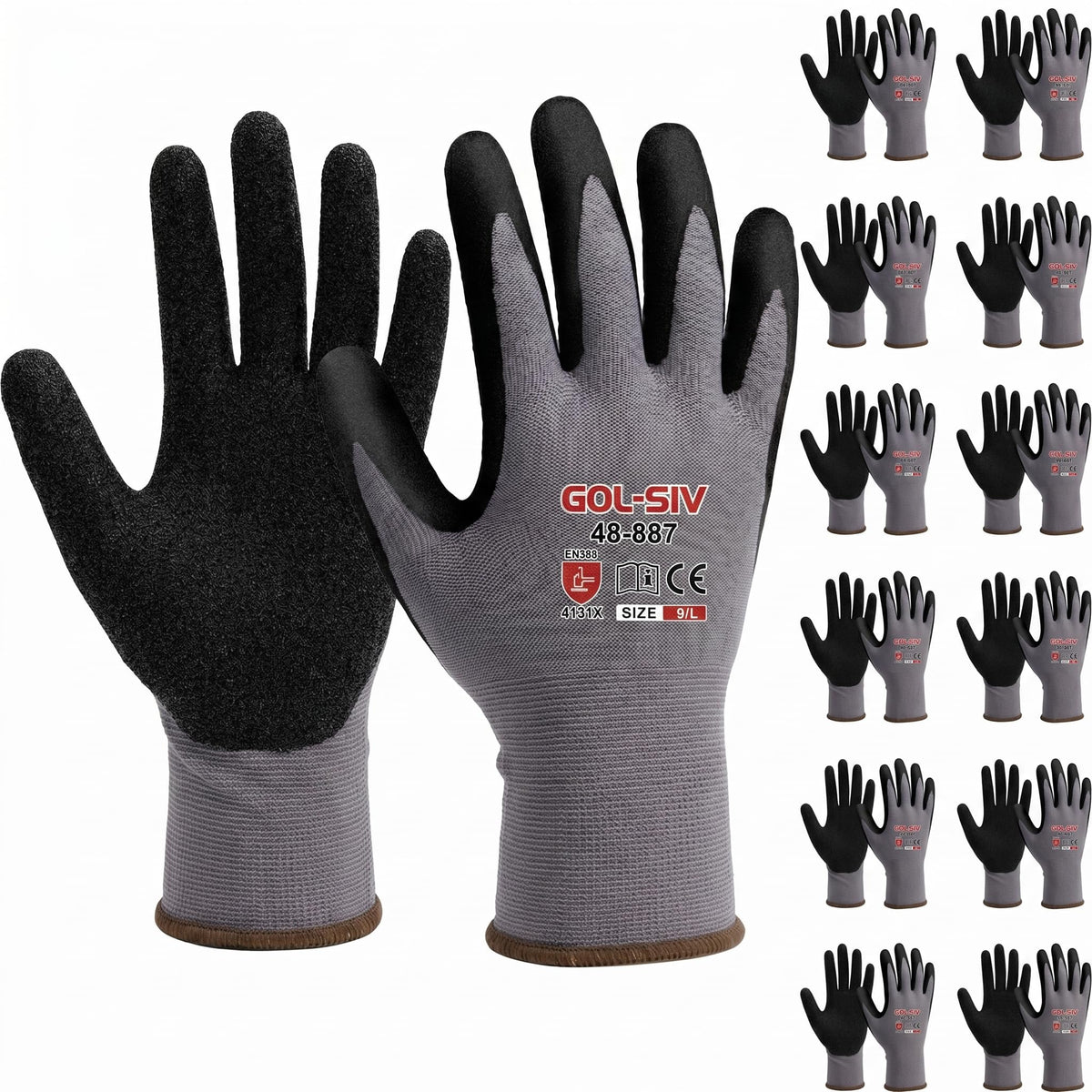 GOL-SIV Sandy Nitrile Work Gloves 12 Pairs, EN388 Level 4 Abrasion, Anti-Slip Grip for Oily Parts, Breathable Seamless Knit Gloves for Mechanic, Warehouse & DIY (L)