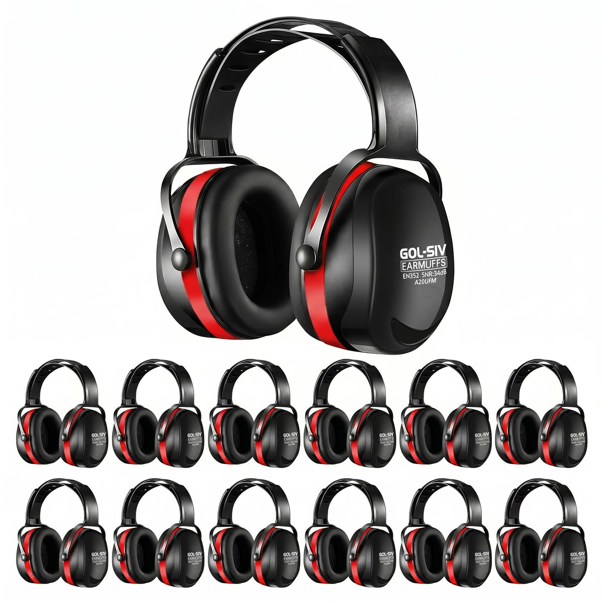 GOL-SIV SNR 34dB Noise Reduction Earmuffs 12 Pack, Commercial Grade Ear Protection for Industrial Plant, Factory & Range, Black & Red
