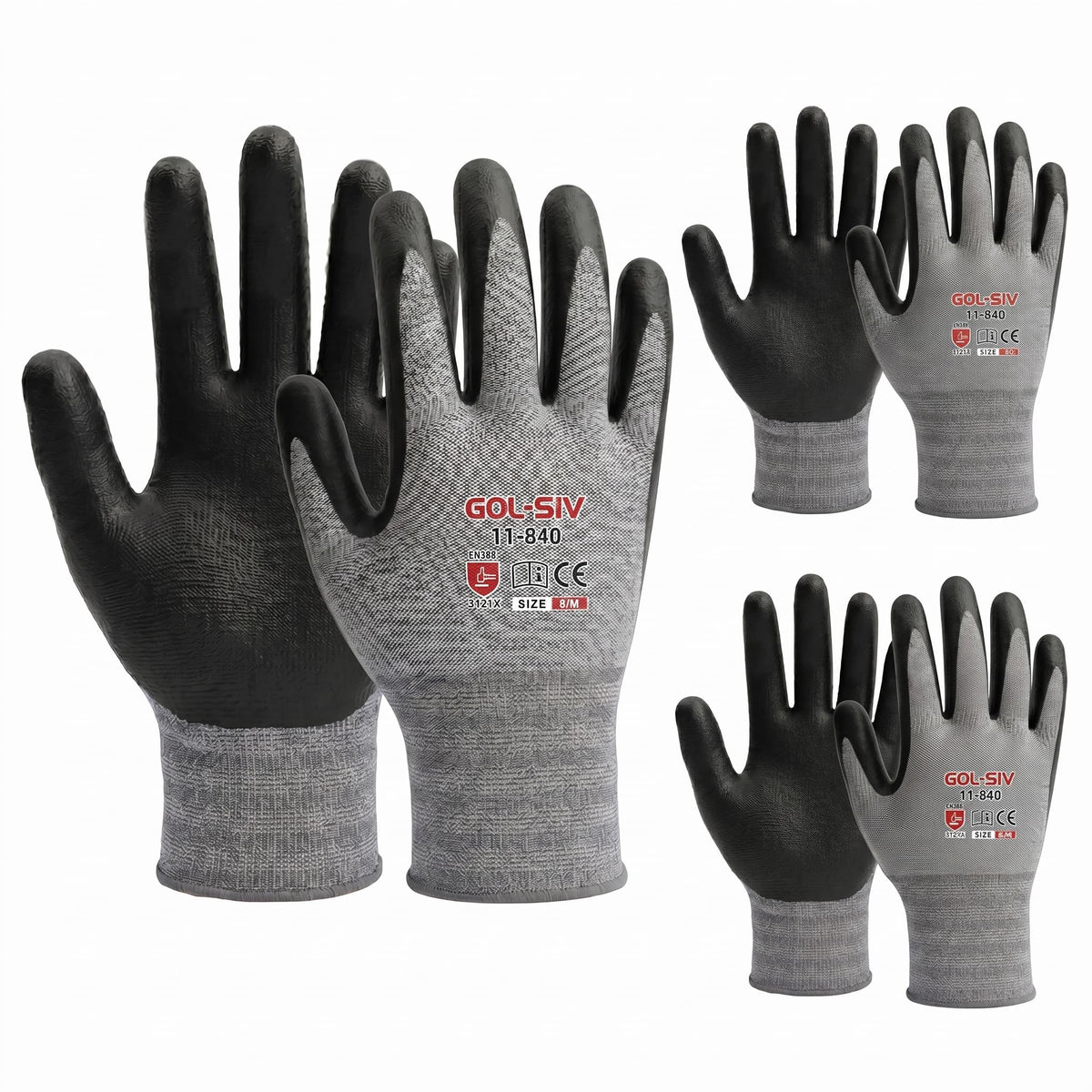GOL-SIV 15-Gauge Micro-Foam Nitrile Work Gloves for Men and Women, Precision Assembly Utility Gloves, Breathable Snug Fit, Oil Resistant Grip, 3 Pairs, Size M