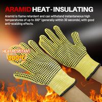 GOL-SIV Heat Cut Resistant Gloves, Aramid Leather Oven Gloves with Fingers, Thick Knit Grill Mitts, Silicone Beads, Medium