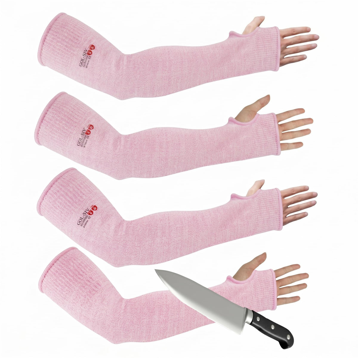 GOL-SIV Cut Resistant Arm Sleeves, Safety Protective Arm Guards with Thumb Holes for Work, Mechanics, Glass Handling, Anti-Slash Protectors for Thin Skin (2 Pairs,Pink, 17.7 In)