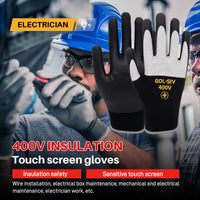 GOL-SIV 400V Low Voltage Electrician Gloves (5 Pairs), Professional Touch Screen & Flame Retardant Safety Work Gloves, Rubber Coated Non-Slip Hand Protection for Electrical Wiring, XL, Black