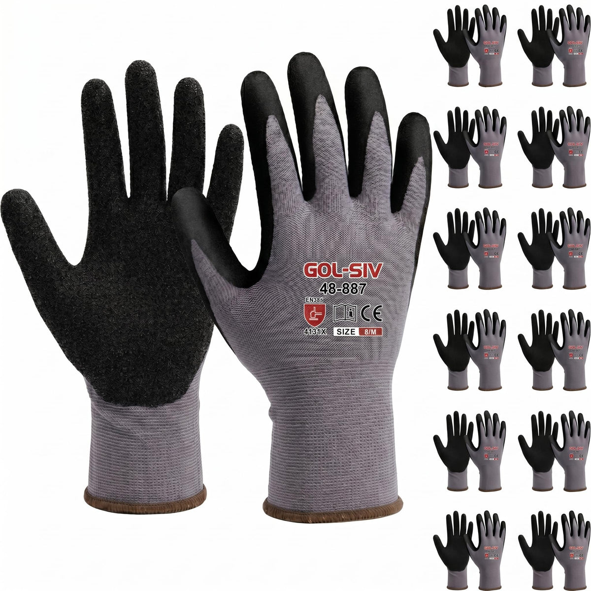 GOL-SIV 12 Pairs Sandy Nitrile Coated Work Gloves, Level 4 Abrasion Resistant, 15-Gauge Breathable Safety Gloves for Warehouse, Mechanic & Gardening (M)