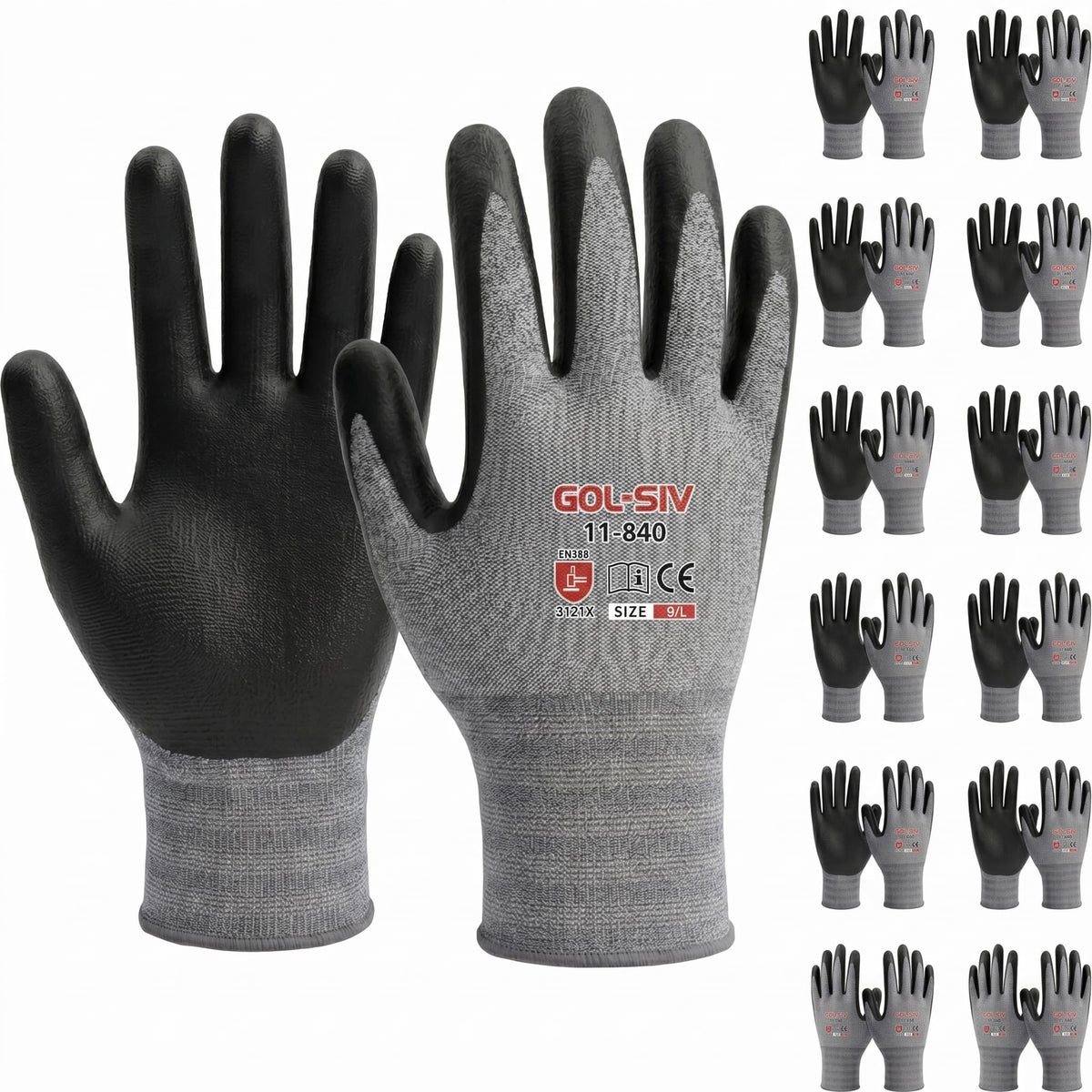 GOL-SIV Work Gloves 12 Pairs, Foam Nitrile Coated Palm for Firm Oil Grip, Breathable Seamless Mechanic Gloves, Abrasion Resistant Safety Work Gear for Warehouse, Auto Repair & DIY (L)