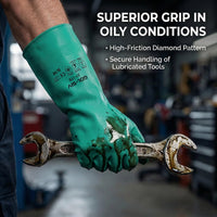GOL-SIV Industrial Nitrile Chemical Gloves, Heavy Duty Solvent Resistant Green PPE Gauntlet, Cotton Lined with Non-Slip Grip for Chemical Handling, Painting & Furniture Refinishing, M, 3 Pairs
