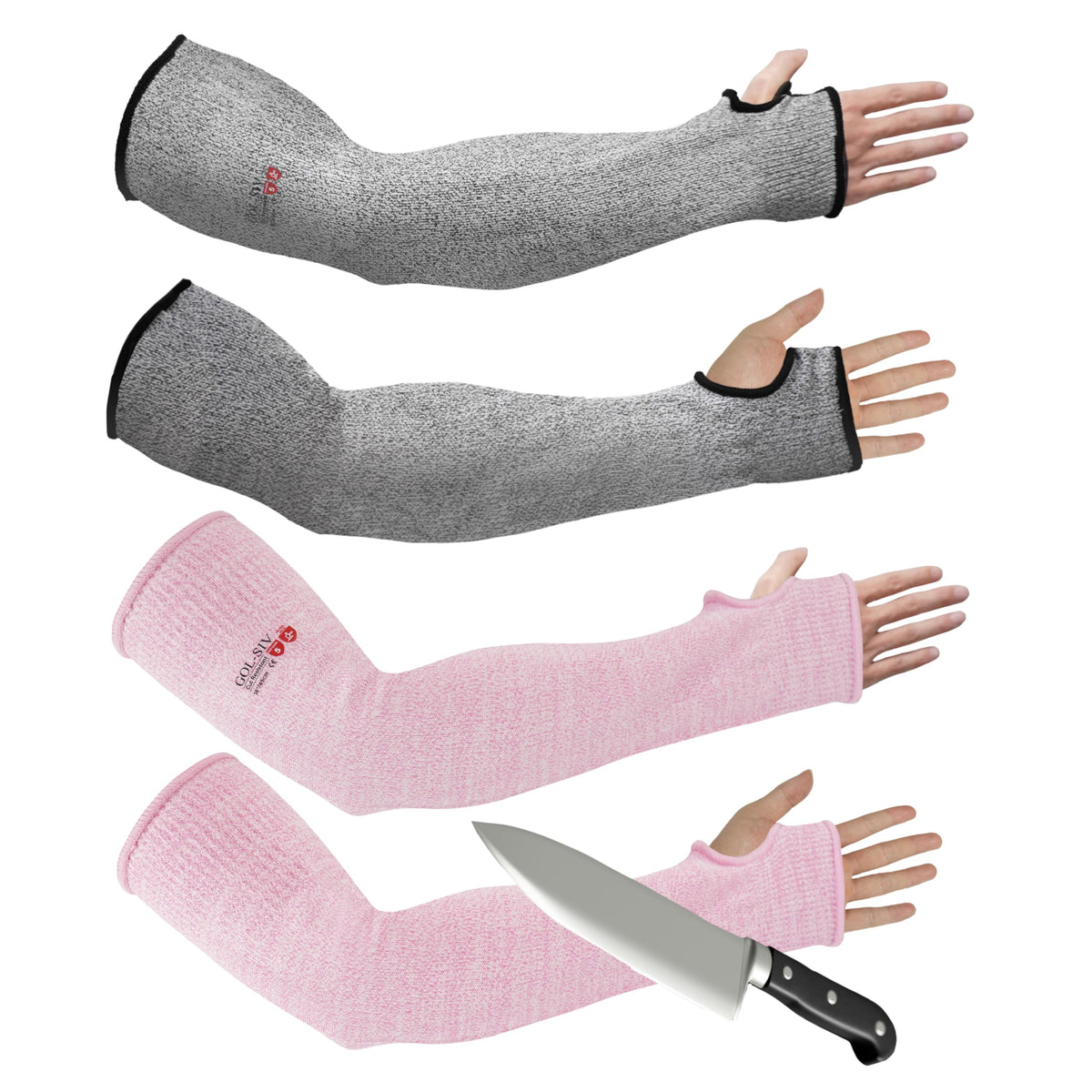 GOL-SIV Arm Protectors For Thin Skin And Bruising, Cut Resistant Sleeves For Men Women, A5 Level Farmer Sleeve For Gardening (Grey & Pink, 17.7 In - 2pairs)