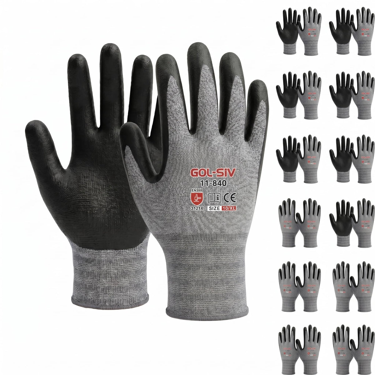 GOL-SIV Safety Work Gloves for Men 12 Pairs, Breathable Micro-Foam Nitrile Coated, Non-Slip Grip for Logistics & Auto Repair, Lightweight 15 Gauge Spandex High Dexterity Fit (XL)