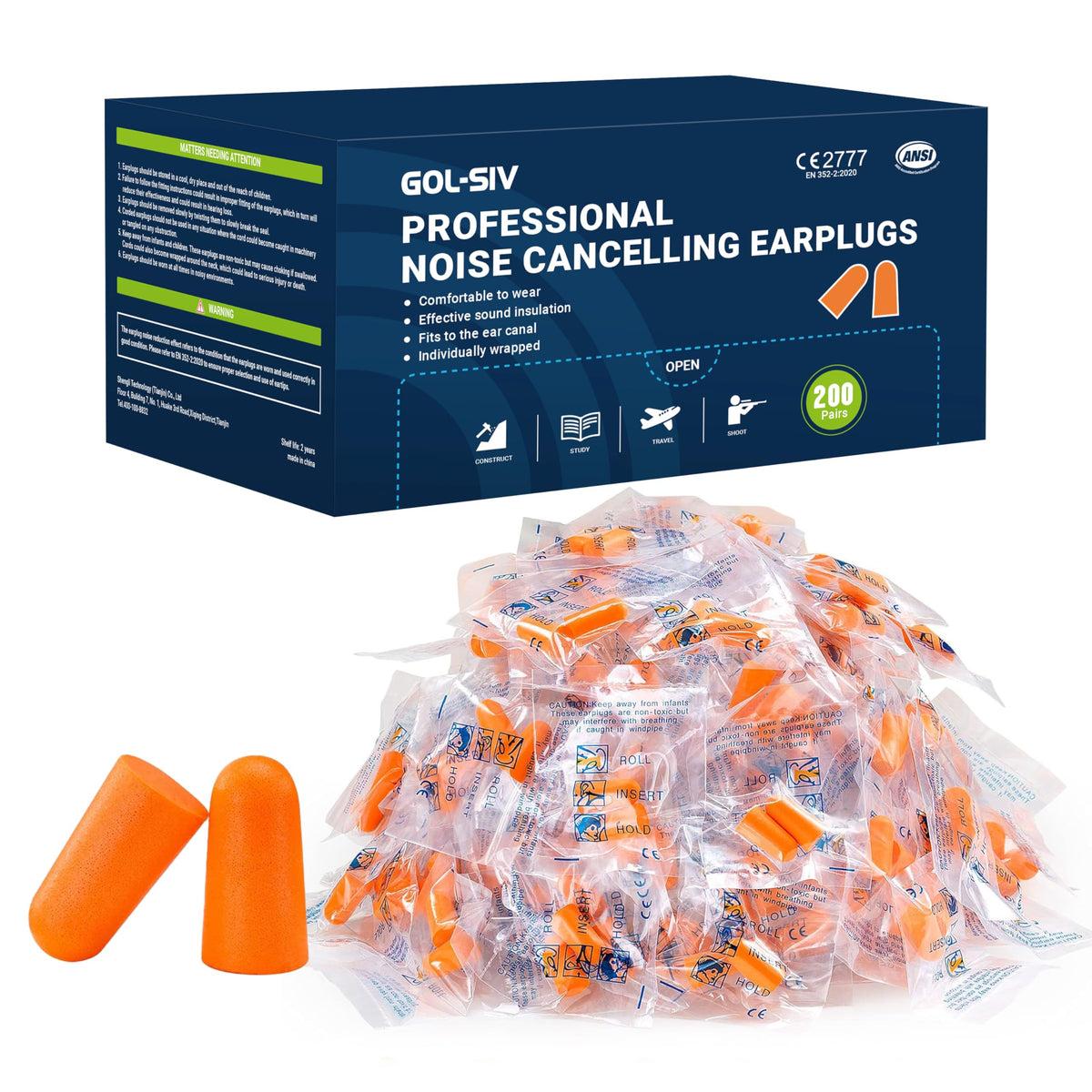 GOL-SIV 200 Pairs Foam Ear Plugs - 38dB(NRR 33dB) Noise Reduction