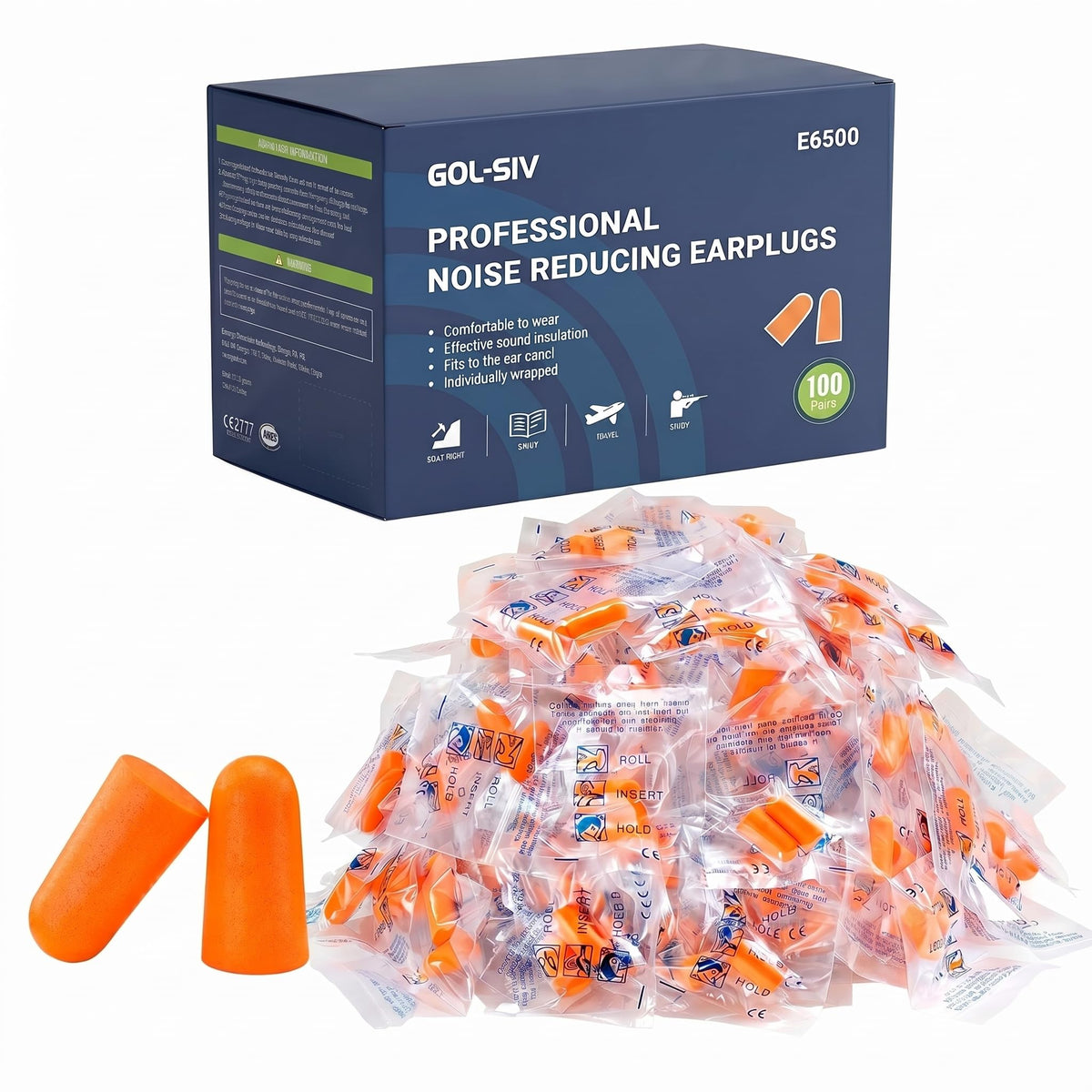 GOL-SIV Foam Ear Plugs (100 Pairs), NRR 33 Maximum Noise Reduction Disposable Earplugs, Hearing Protection for Construction, Shooting Range, Industrial Work, Loud Machinery, Sleeping & Snoring