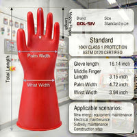 GOL-SIV Class 1 Insulated Electrician Gloves, ASTM D120, 7500V, Red, 1 Pair