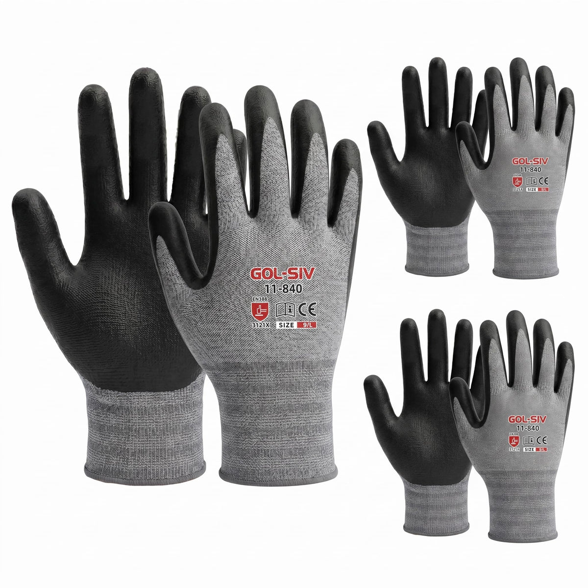 GOL-SIV 15-Gauge Micro-Foam Nitrile Work Gloves for Men and Women, High Dexterity Assembly Gloves, Breathable Seamless Knit, Excellent Oil Grip, 3 Pairs, Large