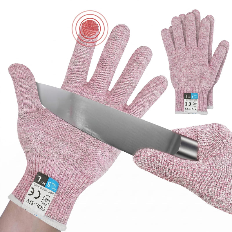 GOL-SIV 2 Pairs Cut Resistant Gloves Level 5 Protection Safety Work Gloves, Food Grade Anti-Cut Hand Protection for Wood Carving, Glass Handling, Kitchen Slicing & Shucking, （Pink, L,）