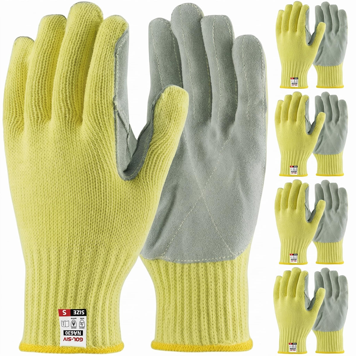 GOL-SIV 5 Pairs Work Gloves Women & Men Small, 7-Gauge Aramid Knit with Cowhide Leather Palm, Heavy Duty Cut Resistant Safety Gloves for Glass Handling, Metal Fabrication, Construction & Workshop