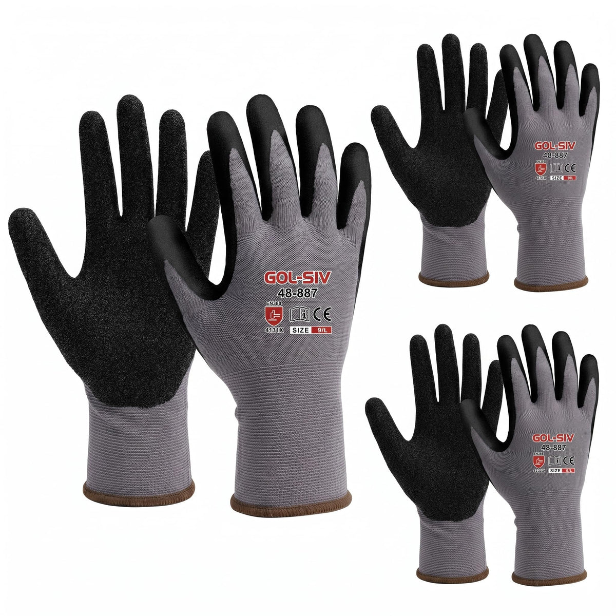 GOL-SIV 15-Gauge Seamless Knit Work Gloves, Micro-Foam Sandy Nitrile Grip for Mechanics & Assembly,High Dexterity, Anti-Slip & High Dexterity, Breathable Open Back (L, 3 pairs)